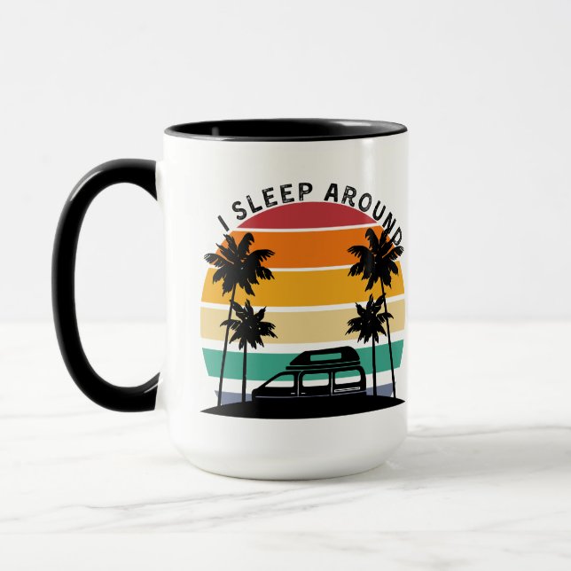 I Sleep Around Van Life Pun Vinatge Sunset travel Mug (Left)