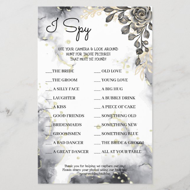 I Spy Black Roses Wedding Reception Game Card (Front)