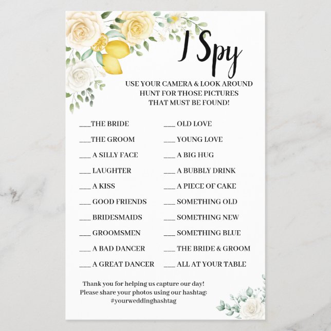 I Spy Lemons & Roses Wedding Reception Game Card (Front)