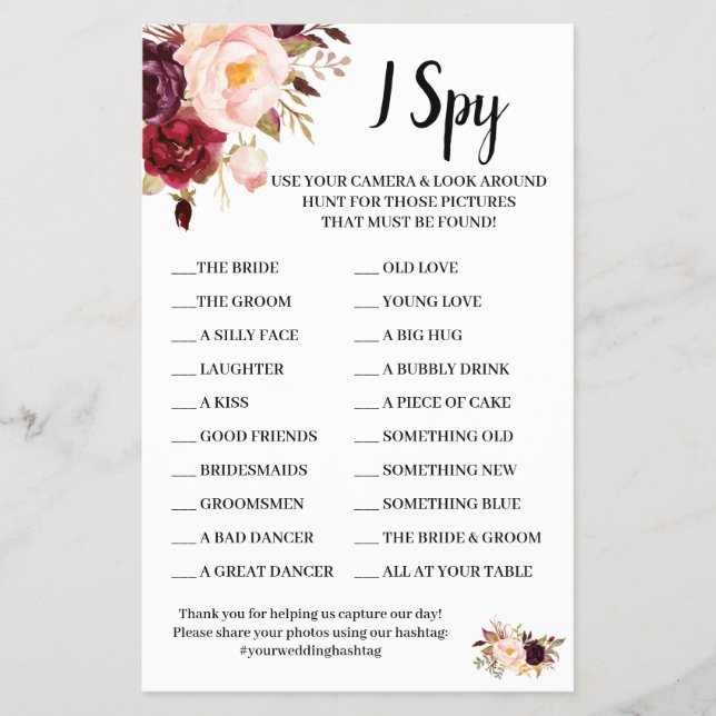 I Spy Marsala Flowers Wedding Reception Game Card (Front)