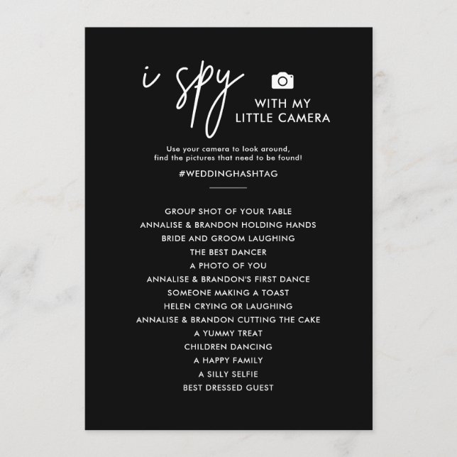 I Spy Photo Hunt Black Wedding Game Menu (Front)