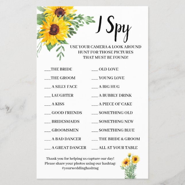 I Spy Sunflowers Wedding Reception Game Card (Front)