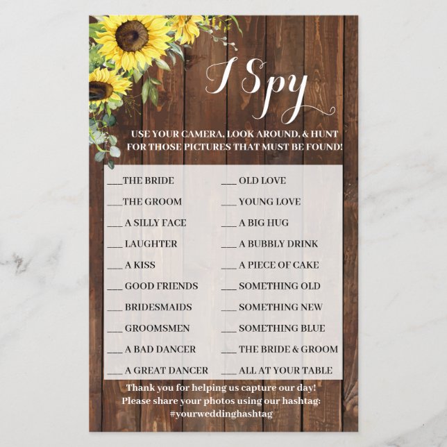 I Spy Sunflowers Western Wedding Party Game Card (Front)