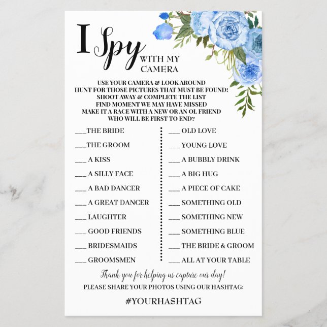 I Spy Wedding Reception Blue Flowers Game Card (Front)