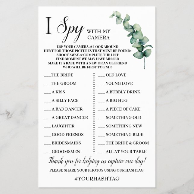 I Spy Wedding Reception Eucalyptus Game Card (Front)