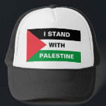 I stand with Palestine text Palestine flag custom Trucker Hat<br><div class="desc">I stand with Palestine custom text Palestine flag Trucker Hat.
Fully customisable white text, or you can just delete it.
Show your Palestine pride with these patriotic flag Trucker Hats.
Check the rest of the collection for more coordinating and matching items.</div>