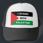 I stand with Palestine text Palestine flag custom Trucker Hat<br><div class="desc">I stand with Palestine custom text Palestine flag Trucker Hat.
Fully customisable white text,  or you can just delete it.
Show your Palestine pride with these patriotic flag Trucker Hats.
Check the rest of the collection for more coordinating and matching items.</div>