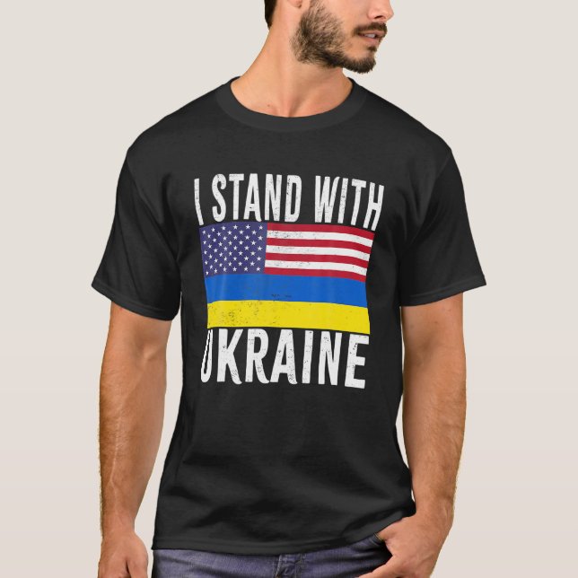 I Stand With Ukraine Flag American Flag Support Uk T-Shirt (Front)