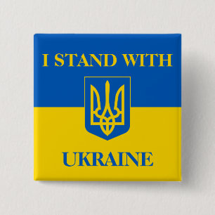 I Stand With Ukraine. Ukrainian Flag & Trident. 15 Cm Square Badge