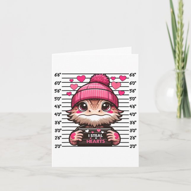 I Steal Heart Cute Bearded Dragon Mugshot Valentin Card (Front)