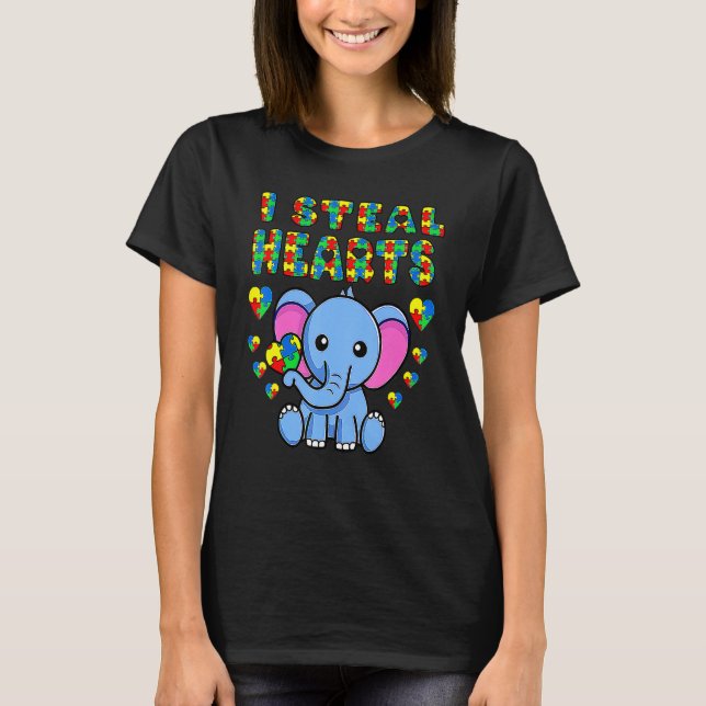 I Steal Hearts Autism Awareness Elephant Puzzle Pi T-Shirt (Front)
