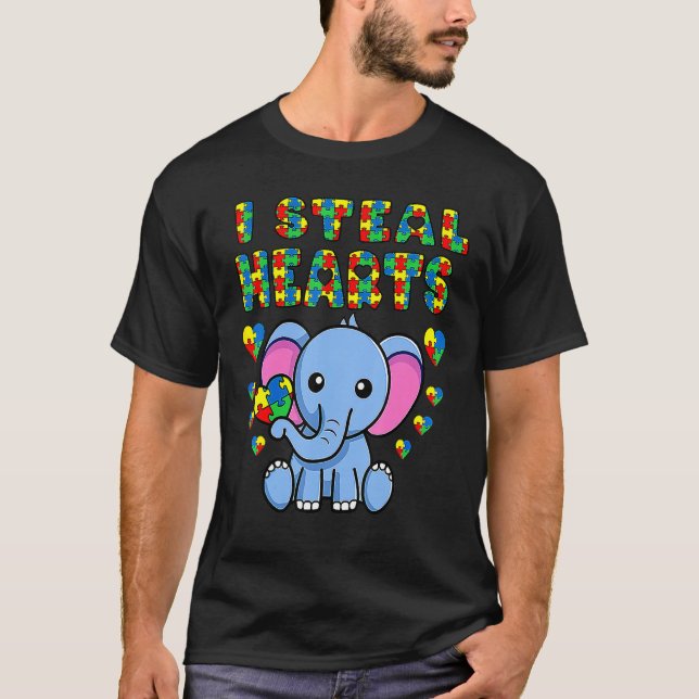 I Steal Hearts Autism Awareness Elephant Puzzle Pi T-Shirt (Front)
