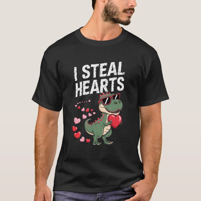 "I Steal Hearts" Cute Valentine's Dinosaur T-Rex T-Shirt (Front)