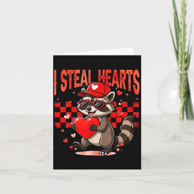 I Steal Hearts Design Raccoon Valentine Day Retro  Card (Front)