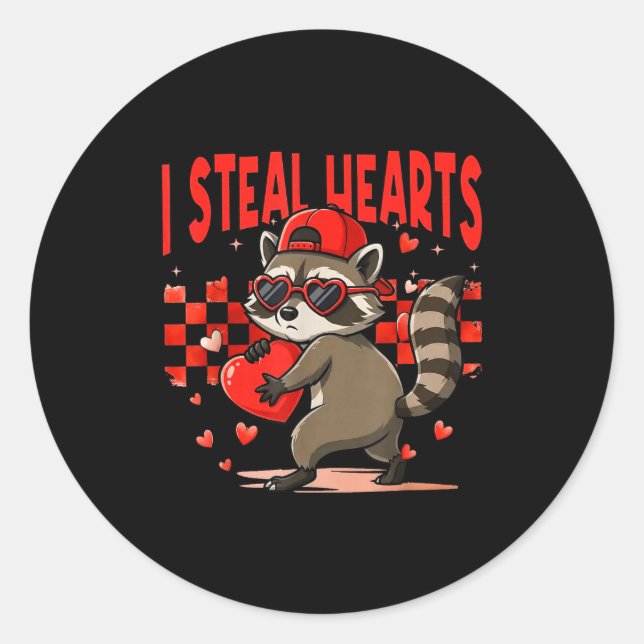 I Steal Hearts Design Raccoon Valentine Day Retro  Classic Round Sticker (Front)