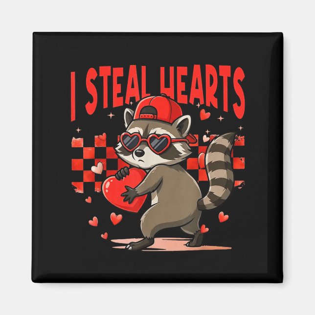I Steal Hearts Design Raccoon Valentine Day Retro  Magnet (Front)