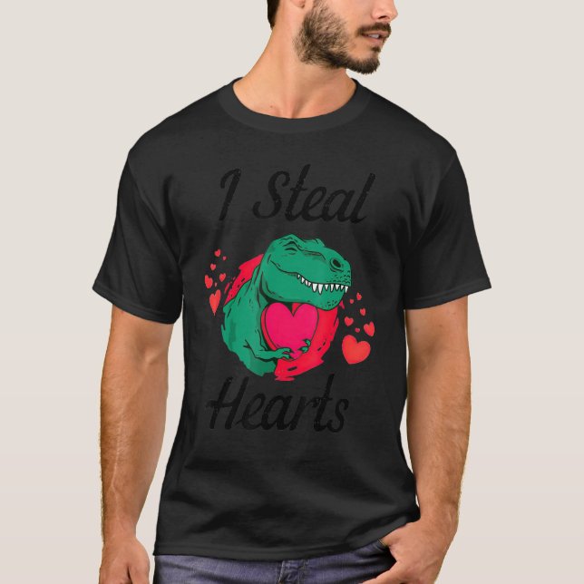 I Steal Hearts Dinosaur Boys Valentines Day Kids T T-Shirt (Front)