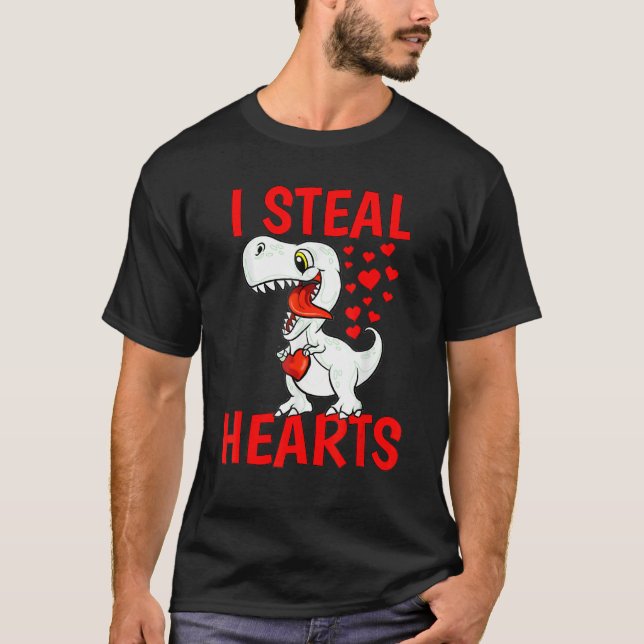 I Steal Hearts For Boys Valentines Day Kids Dinosa T-Shirt (Front)