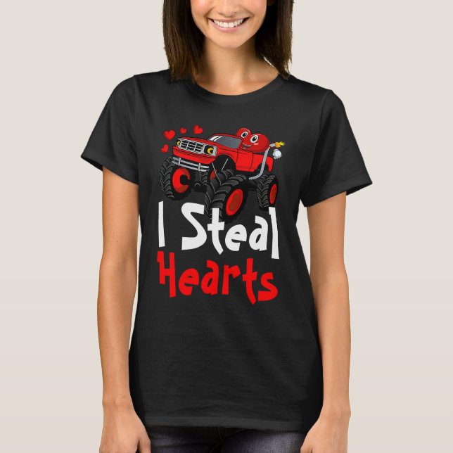 I Steal Hearts Monster Truck Heart Face Valentines T-Shirt (Front)