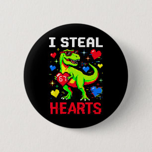 I Steal Hearts Pixel Dinosaur Gamer Valentine  6 Cm Round Badge