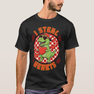 I Steal Hearts Retro Checkered Valentine Dinosaur  T-Shirt