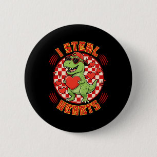 I Steal Hearts Retro Chequered Valentine Dinosaur 6 Cm Round Badge