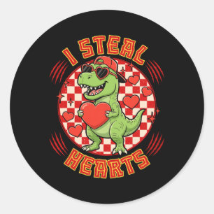 I Steal Hearts Retro Chequered Valentine Dinosaur  Classic Round Sticker