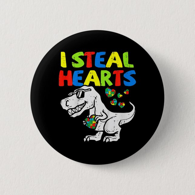 I Steal Hearts Trex Dinosaur Kids Boys Autism Awar 6 Cm Round Badge (Front)