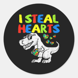 I Steal Hearts Trex Dinosaur Kids Boys Autism Awar Classic Round Sticker
