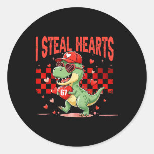I Steal Hearts Valentine Boys Dinosaur Holding Hea Classic Round Sticker