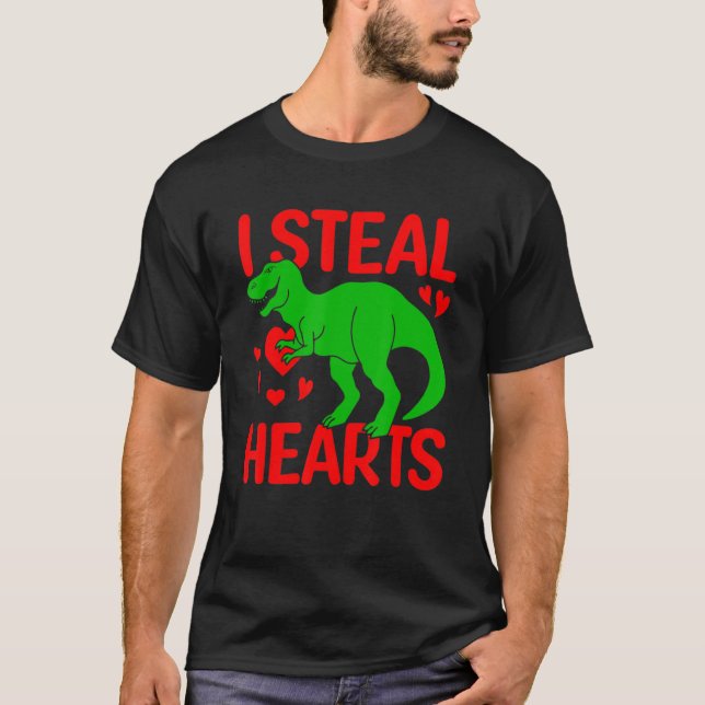 I Steal Hearts Valentines Day Boys Kids Dinosaur R T-Shirt (Front)