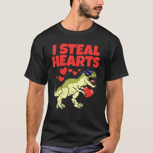I Steal Hearts Valentines Day Cute Dinosaur T-Rex  T-Shirt (Front)