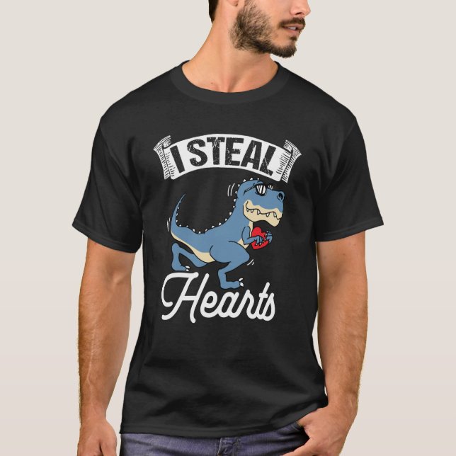 I Steal Hearts Valentine's Day Dino Flowers Date S T-Shirt (Front)