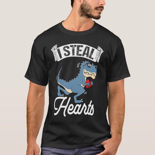 I Steal Hearts Valentine's Day Dino Flowers Date S T-Shirt (Front)