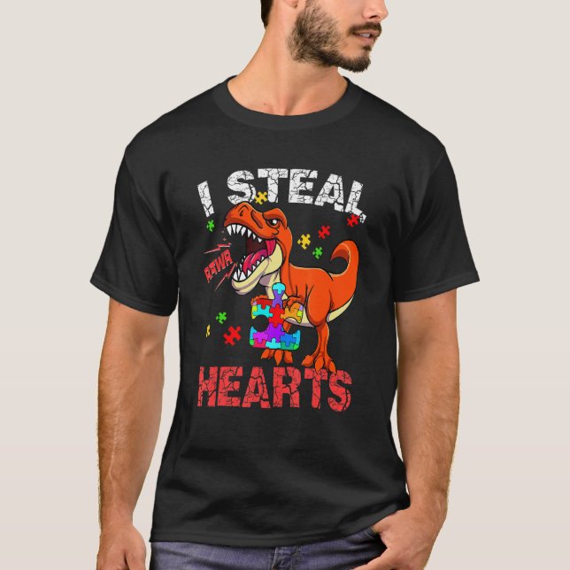 I Steal Hearts Valentines Day Dinosaur Boys Men Lo T-Shirt (Front)