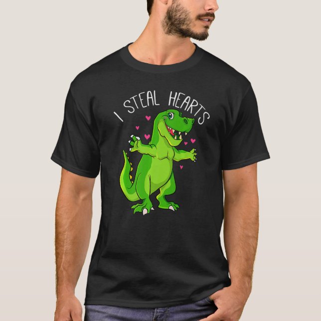 I Steal Hearts Valentines Day Dinosaur Boys Valent T-Shirt (Front)