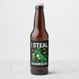 I Steal Shamrocks T Rex Dinosaur St Patrick's Day Beer Bottle Label