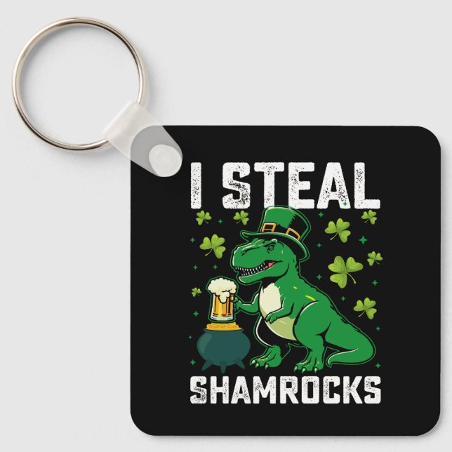 I Steal Shamrocks T Rex Dinosaur St Patrick's Day Key Ring (Front)