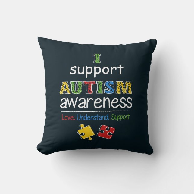 I Support Autism Awareness Red Yellow Puzzles Cushion (Front)