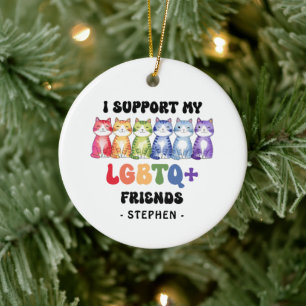 I Support My LGBTQ Friends – Rainbow Cat Pride Ceramic Tree Decoration