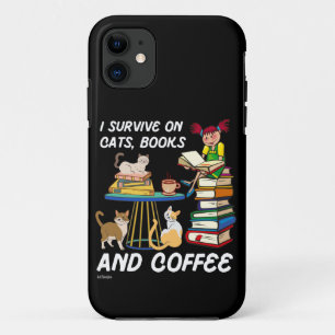 I SURVIVE ON CATS, BOOKS AND COFFEE funny cute cat iPhone 11 Case