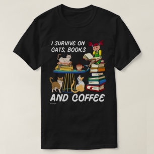 I SURVIVE ON CATS, BOOKS AND COFFEE funny cute cat T-Shirt