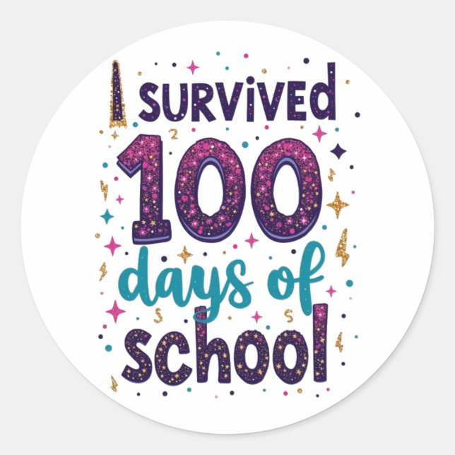 I Survived 100 Days of School Unicorn Design  Classic Round Sticker (Front)