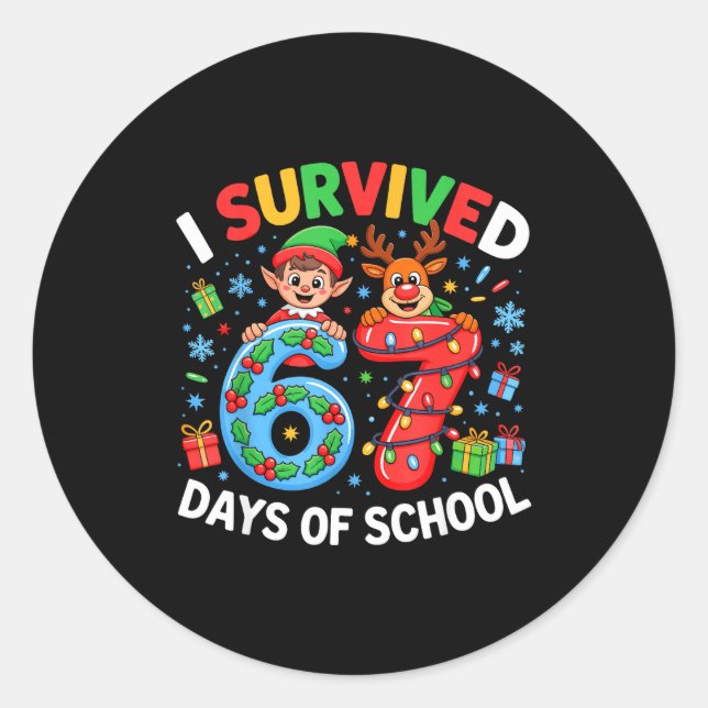 I Survived 67 Days Of School Christmas Candy Cane  Classic Round Sticker (Front)