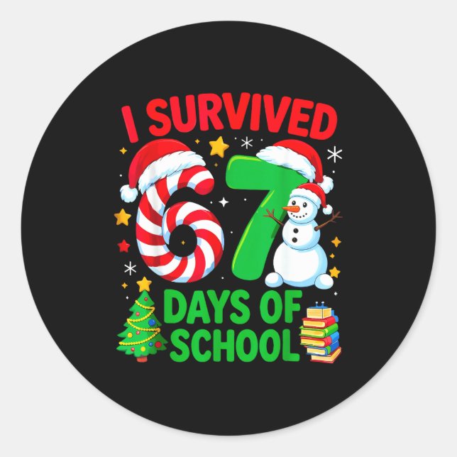 I Survived 67 Days Of School Christmas Candy Cane  Classic Round Sticker (Front)