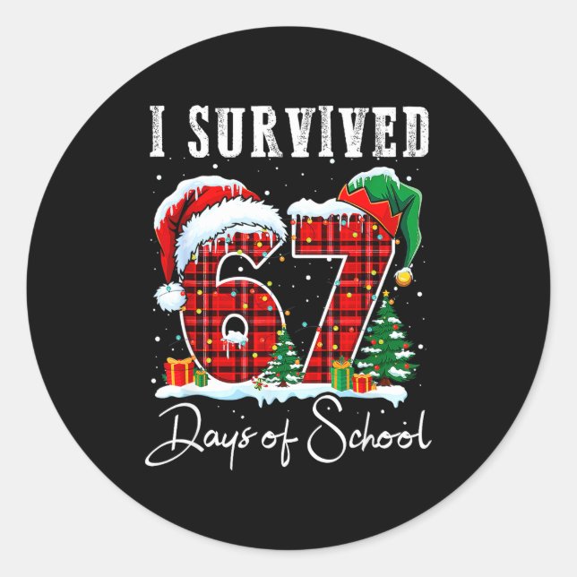 I Survived 67 Days Of School Christmas Candy Cane  Classic Round Sticker (Front)