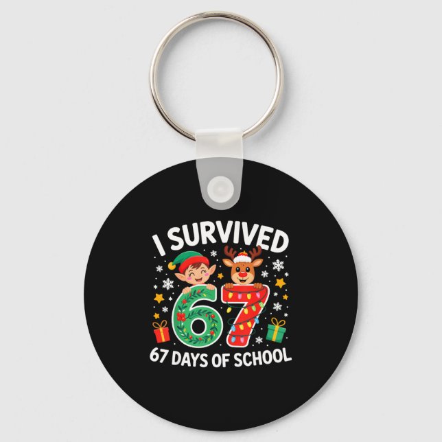 I Survived 67 Days Of School Christmas Candy Cane  Key Ring (Front)
