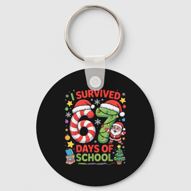 I Survived 67 Days Of School Christmas Candy Cane  Key Ring (Front)