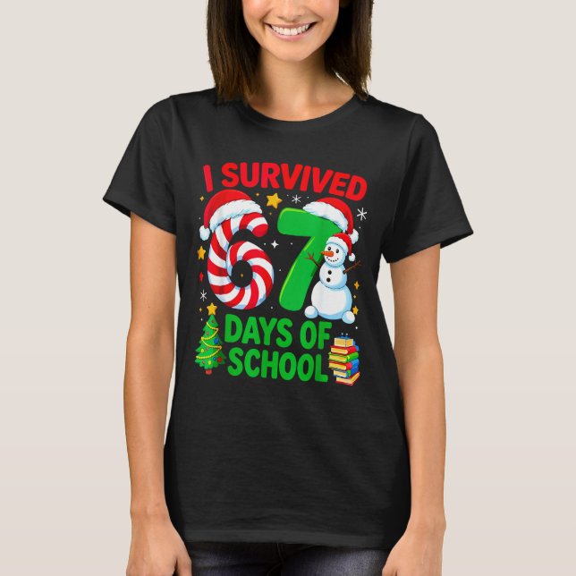 I Survived 67 Days Of School Christmas Candy Cane  T-Shirt (Front)