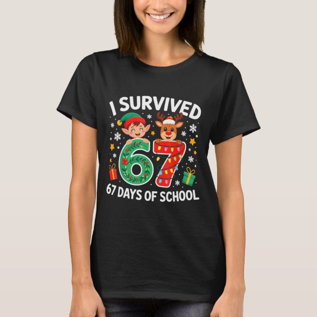 I Survived 67 Days Of School Christmas Candy Cane  T-Shirt (Front)